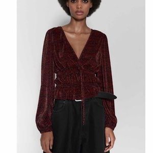 Zara Pleated Faux Wrap Top Black/Red size Medium